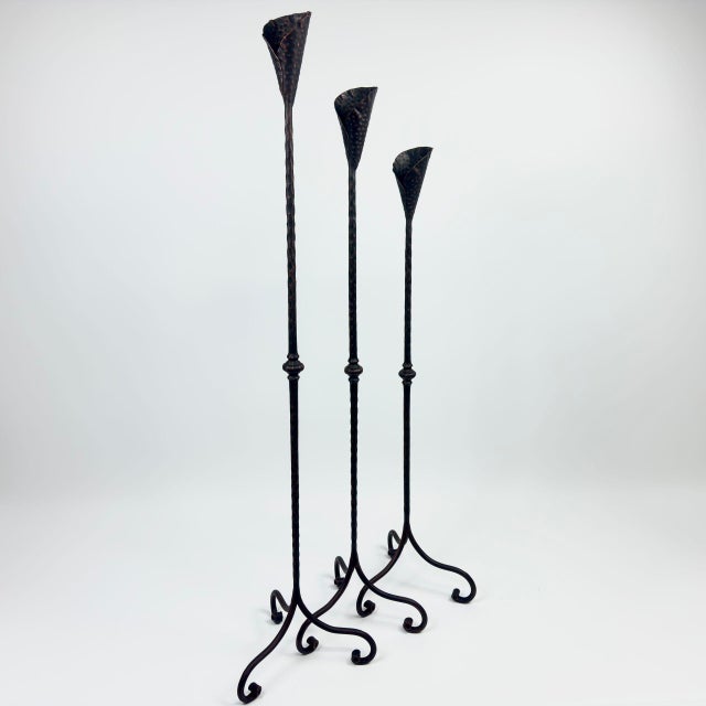 Hand Forged Iron Candelabra Set of 3 (100-120cm) Antique Copper Finish Hammered Stem with Calla Lily Cups For Sale - Image 9 of 10