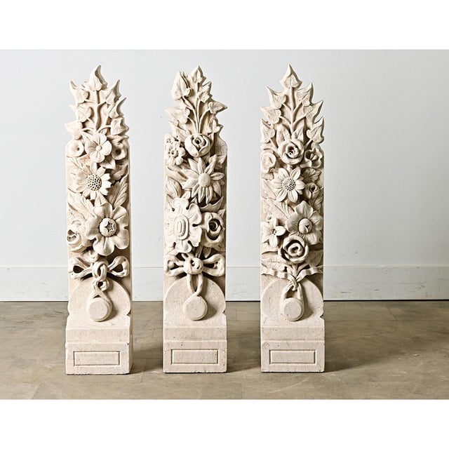 Dimensions: 38 ¼" H x 8" W x 6 ½" D French 19th century (or earlier) ensemble of three hand-carved stone corbels. They are...