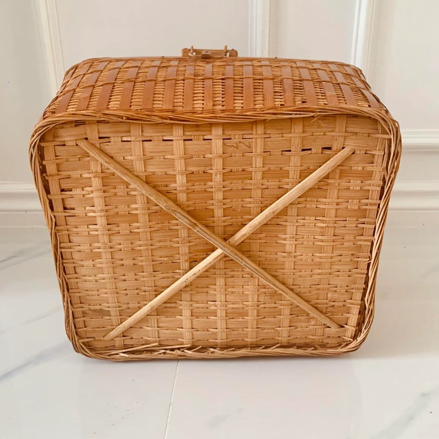 Copper Vintage Asian Large Wicker Lidded Basket With Handles For Sale - Image 8 of 11