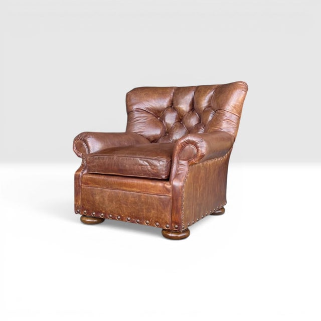 English 1990s English Churchill Leather Armchair With Rolled Arms & Brass Nailhead Trim For Sale - Image 3 of 12