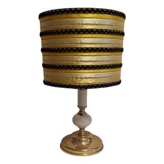 Vintage German Table Lamp with Brass Base with Cream-Colored Ceramic Inlays by Sölken and Handmade Fabric Shade by Lamplove, 1981 For Sale