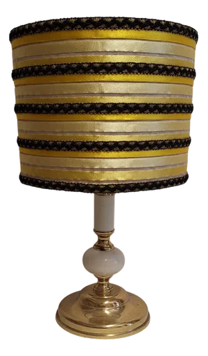 Vintage German Table Lamp with Brass Base with Cream-Colored Ceramic Inlays by Sölken and Handmade Fabric Shade by Lamplove, 1981