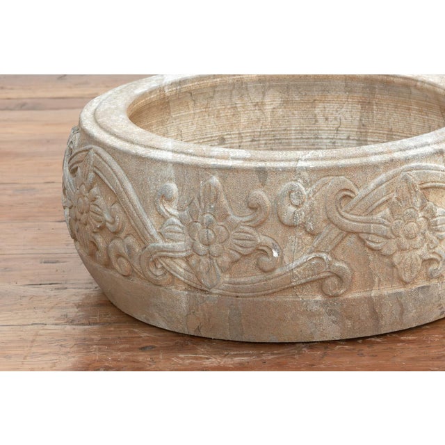 Mediterranean Deep Relief Floral Stone Round Bowl For Sale - Image 3 of 6