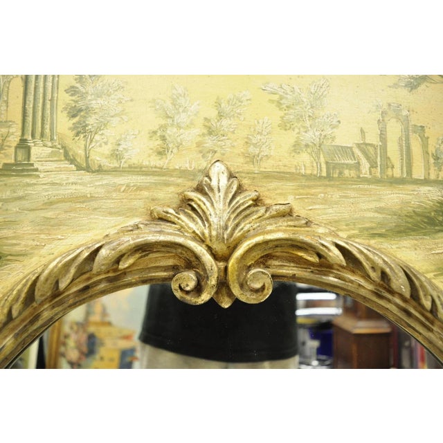 Antique Italian Neoclassical Giltwood Hand Painted 59" Trumeau Wall Mirror. Item features green hand painted details,...