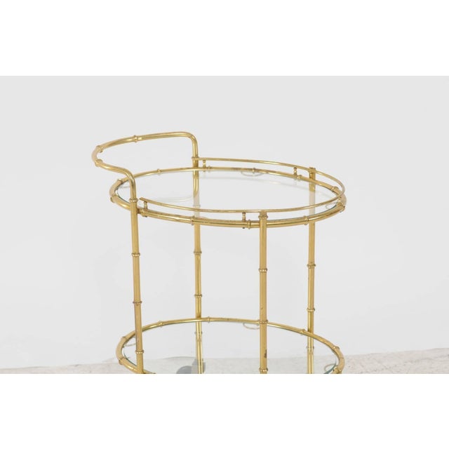 Mid-Century Modern French Midcentury Brass Two-Tiered Oval Cart with Glass Shelves and Casters For Sale - Image 3 of 8