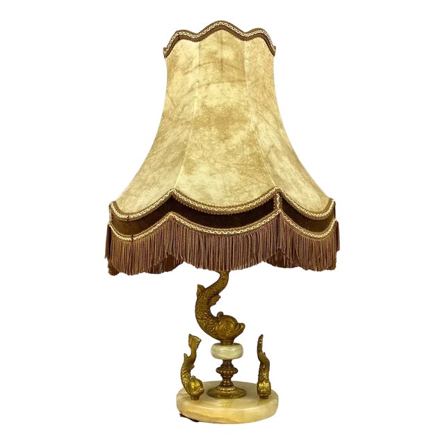 Vintage Table Lamp Fish with Shade Lamp in Onyx with Bronze Fish Figurines For Sale
