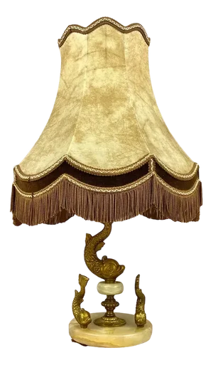 Vintage Table Lamp Fish with Shade Lamp in Onyx with Bronze Fish Figurines