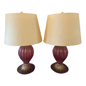 Vintage Murano Style Glass Vermillion Lamps - A Pair