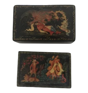 1980s Hand Painted Russian Paper Mache Lacquer Boxes - Set of 2