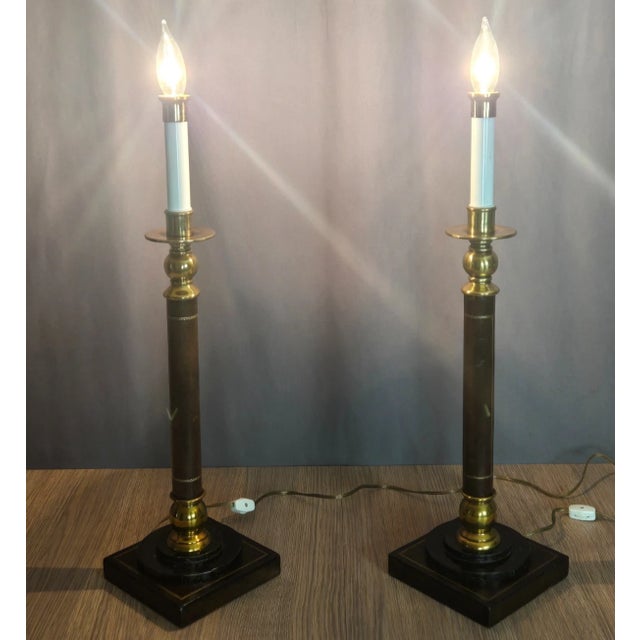 Hollywood Regency 1990s Brass Marble Leather Wrapped Candlestick Table Lamps, Maitland Smith Style - a Pair For Sale - Image 3 of 16