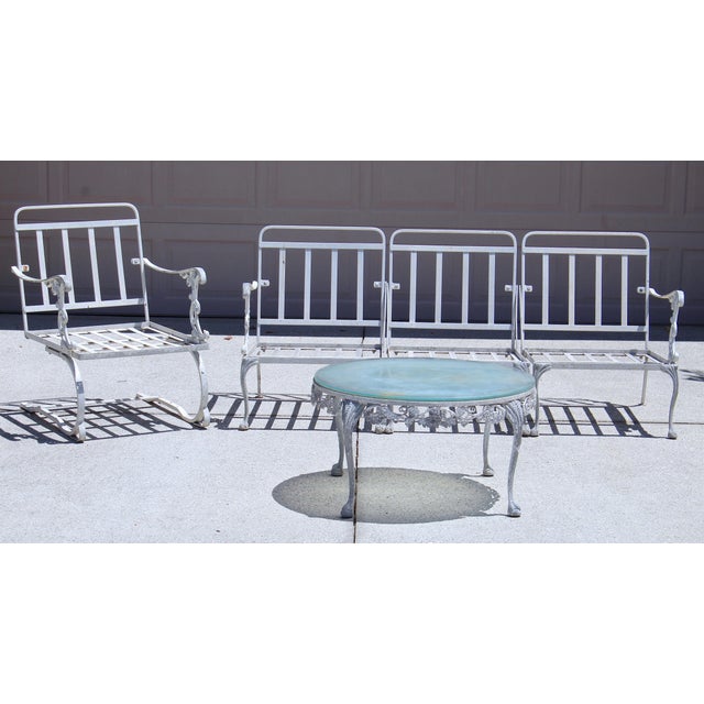 Vintage 1950s Cast Aluminum Patio Set | 5-Piece Outdoor Seating | Rocker Chairs + Bench + Glass Top Table | Hollywood Regency Garden Furniture For Sale - Image 4 of 18
