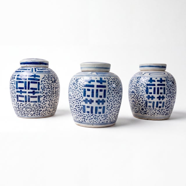 Mid-Century Chinese Blue & White Double Happiness Pottery Ginger Jars - S/3 For Sale In Atlanta - Image 6 of 6