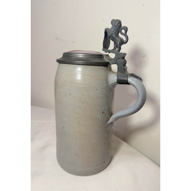Antique 1Ltr. Early 1800's German Pottery Pewter Lidded Beer Stein Mug Tankard For Sale In New York - Image 6 of 14