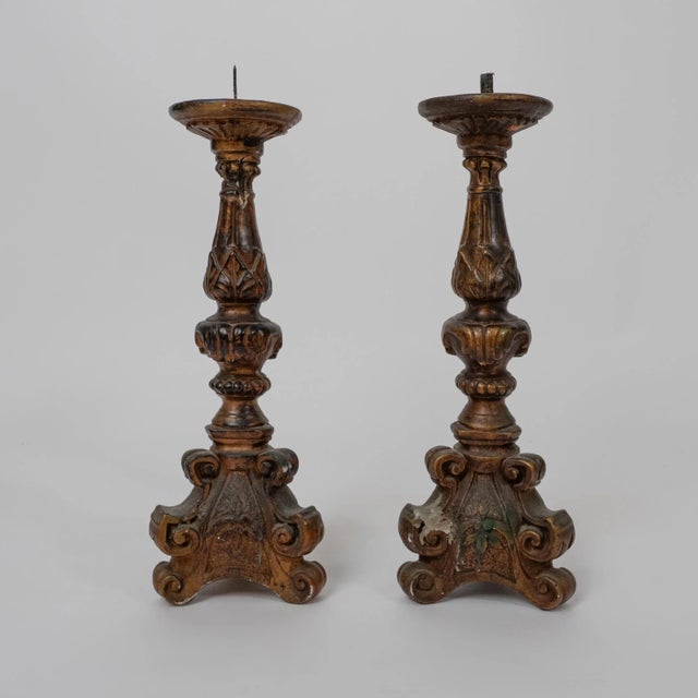 Antique Inspired Ornate Cast Composite Candlestick Pair With Venetian Gold Finish For Sale - Image 4 of 13