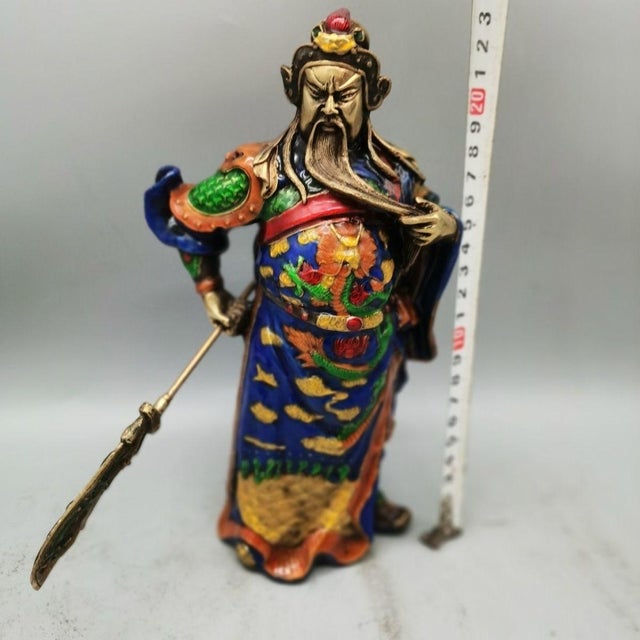 Brass Enameled Brass Guan Gong Sculpture, Colorful Cloisonne Warrior God Figurine, Chinoiserie Tabletop Decor For Sale - Image 8 of 8