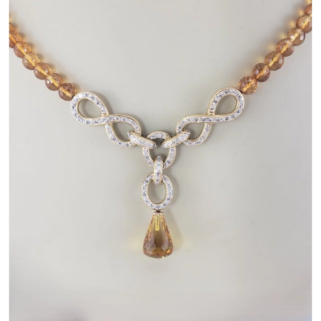 Orange Mid 20th Century 18 Karat Yellow Gold Citrine and Diamond Drop "Y" Necklace For Sale - Image 8 of 9