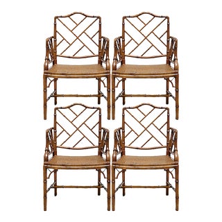 Chinese Chippendale / Chinoiserie Faux Bamboo & Cane Armchairs, S/4 For Sale