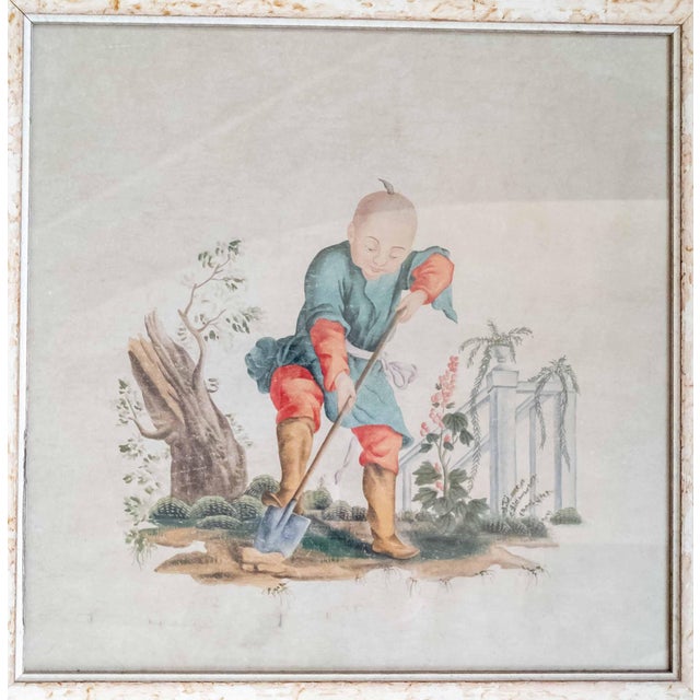We are selling this extremely fine watercolor painting in the Chinoiserie style. This painting mimics Chinese Export...
