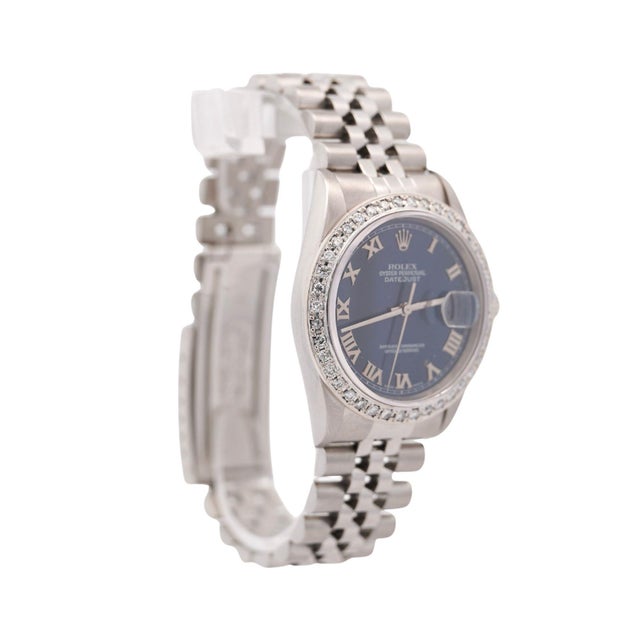 Modern Vintage Rolex Datejust 36mm Blue Dial Diamond Bezel Watch For Sale - Image 3 of 5