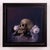 This oil on canvas piece features a skull positioned among softly rendered roses, creating a striking contrast between...