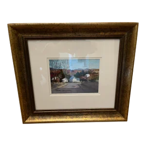 Framed Original Watercolor : “New England Village” 17 X 15