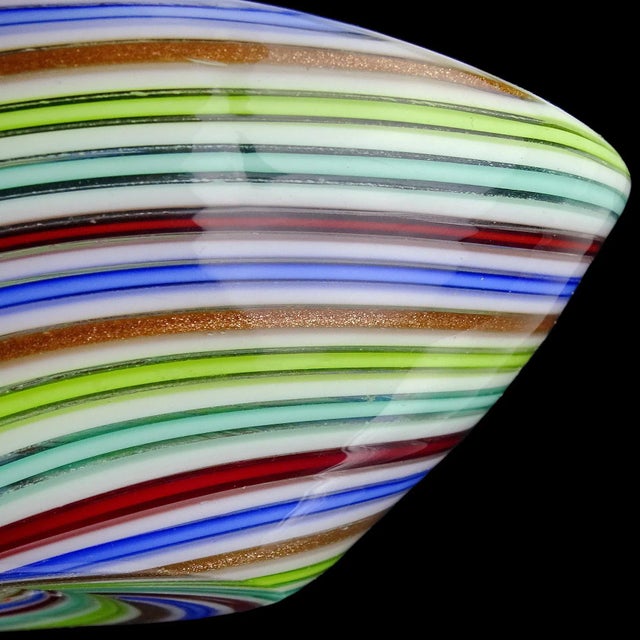 Vintage Murano Dino Martens Red Blue White Copper Aventurine Swirl Italian Art Glass Ribbons Dish Bowl For Sale - Image 9 of 11