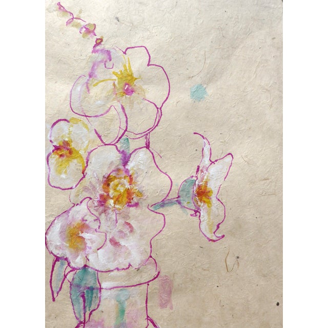 Paper "Vase of Hollyhocks" Contemporary Ink Painting on Rice Paper by Martha Holden.. For Sale - Image 7 of 8