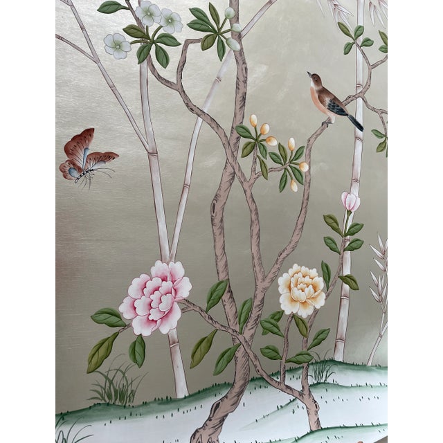Silver Chinoiserie Hand Painted Wallpaper Mural- 2 Panels For Sale - Image 8 of 8