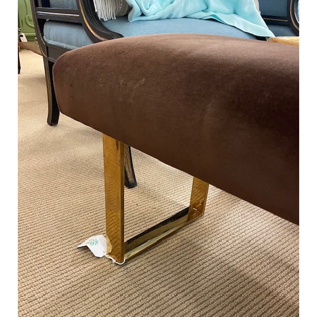 Textile Mid Century Modern Polished Brass Bench With Chocolate Brown Velvet Seat For Sale - Image 7 of 9