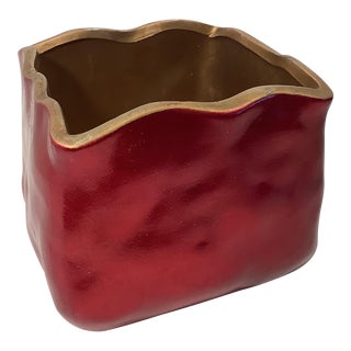 1990s Paper Bag Style Ceramic Planter in Iridescent Red With Gold Rim. For Sale