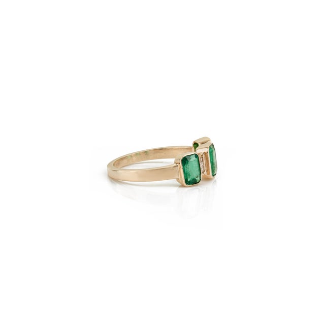 Metal Natural Zambian Emerald Three Stone Ring With Diamond Accents in 14k Gold Size 6 For Sale - Image 7 of 15