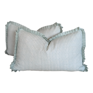 Lee Jofa Kaya Lumbar Pillows in Mist With Schumacher Glazed Linen Ruffle