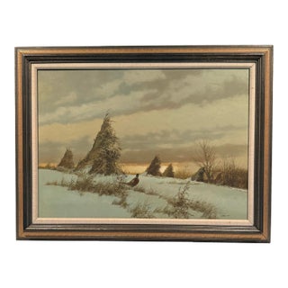 20th Century Original Oil Landscape Painting With Pheasant in Winter Field - Signed For Sale