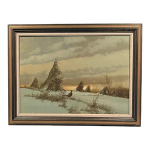 20th Century Original Oil Landscape Painting With Pheasant in Winter Field - Signed
