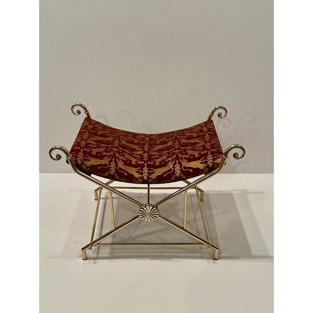 Hollywood Regency Italian Brass Bench With Printed Leather Upholstery For Sale In Philadelphia - Image 6 of 12