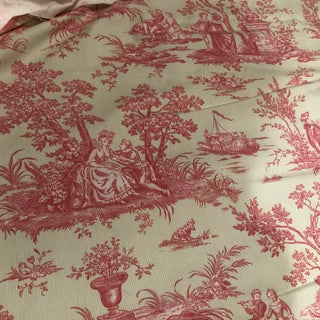 Toile Fabric With Fine Background Stripe and a Pill Green and White and a Raspberry Print For Sale