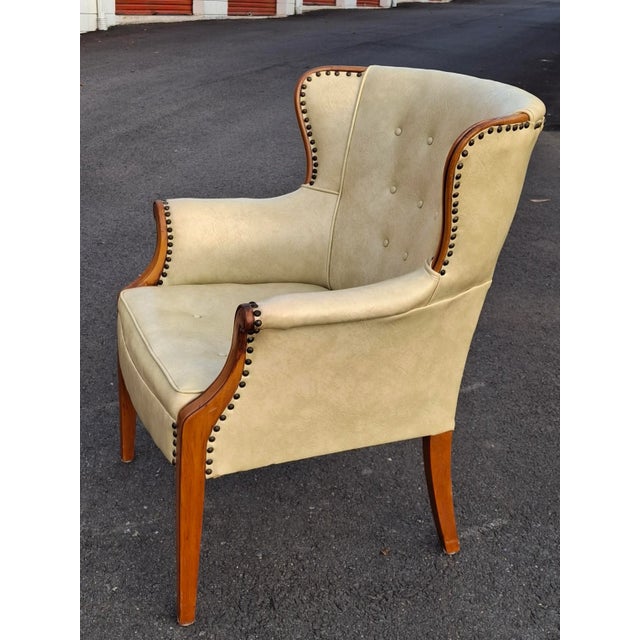 Pair Mid 20th Century Mahogany and Tufted Vinyl Upholstered Wingback Chairs For Sale - Image 12 of 14