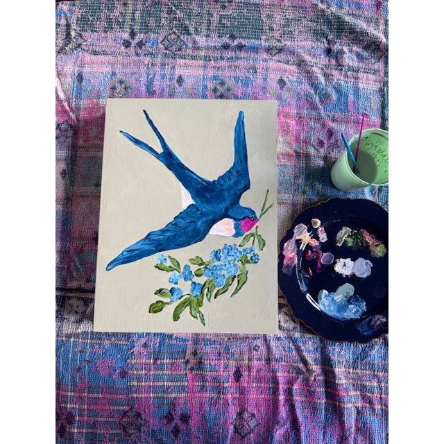 Wood Contemporary “Love Letters in Flight: Floral Courier” by Dorothy Collier - Original Acrylic Painting on Board 12x16” Bird Flying With Flowers Wall Art For Sale - Image 7 of 7