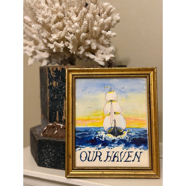 Sky Blue Small Vintage Nautical Sailboat Painting, Framed For Sale - Image 8 of 8