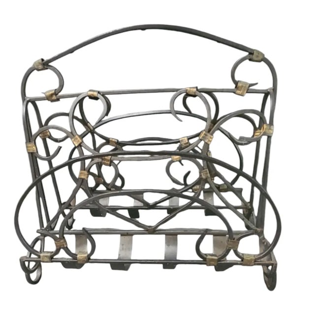 Metal Late 20th Century Vintage Wrought Iron Charcoal Gray Brass Detail Magazine Holder Rack For Sale - Image 7 of 7