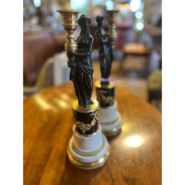 French Circa 1800 Pair of Gilt Bronze French Candelabras (Female Figure on Marble Base) For Sale - Image 3 of 9