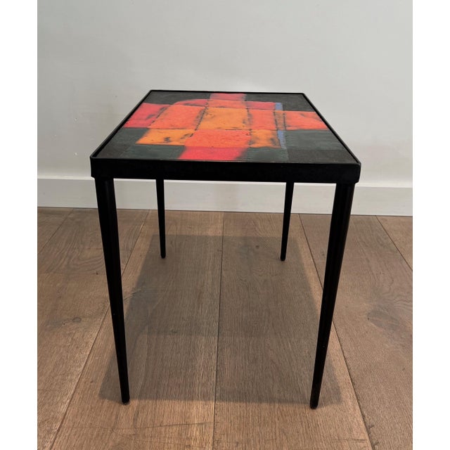 Metal Small Side Table in Lacquered Metal and Ceramic. French Work. Circa 1950 For Sale - Image 7 of 12