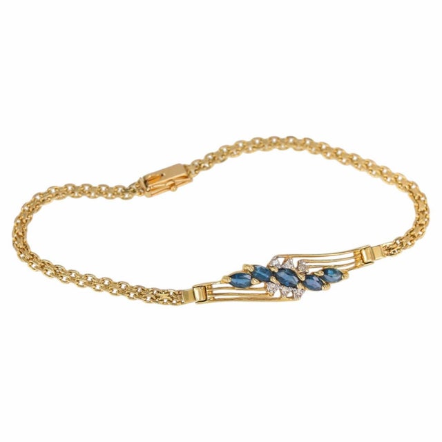14k Yellow Gold Marquise Sapphire & Diamond Openwork Bracelet Vintage For Sale - Image 10 of 10