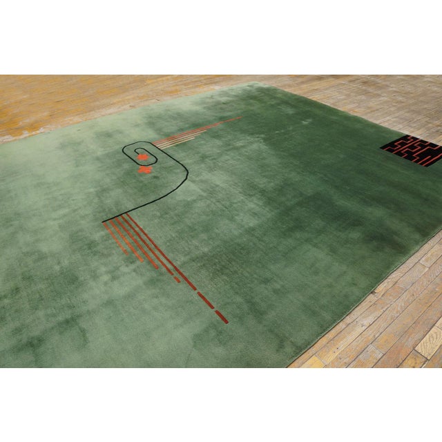 Contemporary 1920s Green Abstract Minimalist Antique Chinese Art Deco Rug 8'10'' X 11'7' Handknotted Wool Carpet For Sale - Image 3 of 7