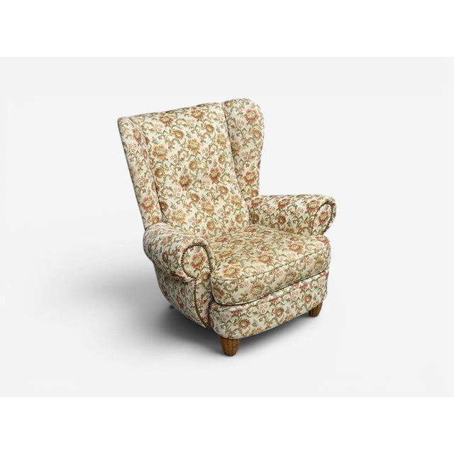 1950s Danish Cabinetmaker, Large Wingback Chair, Floral Fabric, Wood, Denmark, 1950s For Sale - Image 5 of 11