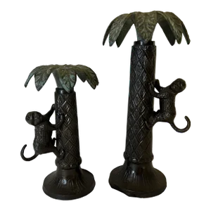 Vintage Bronze Palm Tree Candlesticks With Monkeys