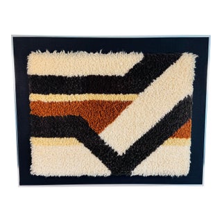 Vintage 1960s Hojer Eksport Wilton Style Geometric Rya Wool Rug Wall Art Framed For Sale