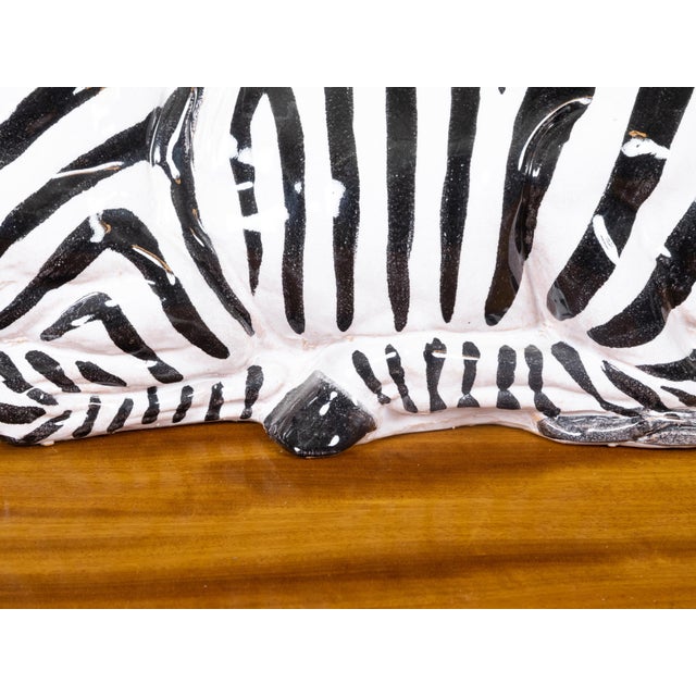 Black Mid 20th Century Italian Painted Terracotta Statue of a Brown Eyed Zebra Resting on the Ground For Sale - Image 8 of 9