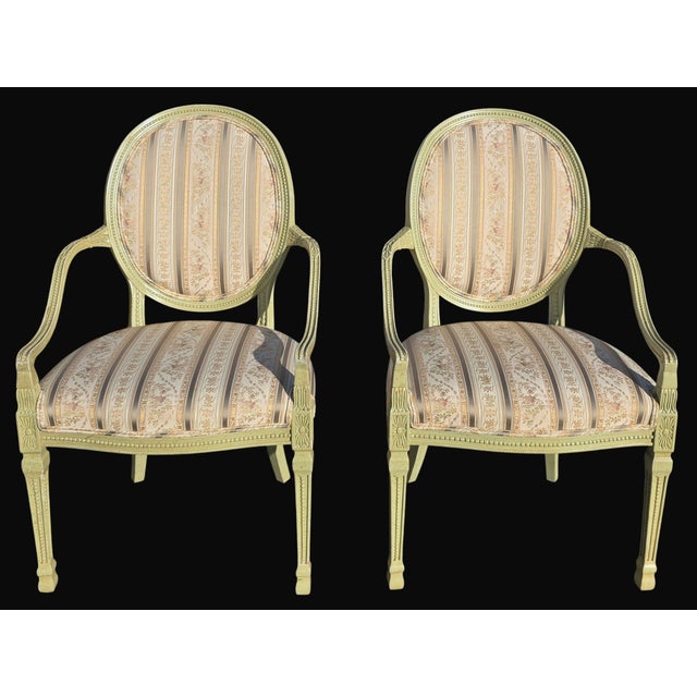Mid 20th Century Pair of French Louis XVI Style Painted Celadon and Cream Oval Back Fauteuil Armchairs With Floral Stripe Upholstery, Mid 20th Century For Sale - Image 5 of 10
