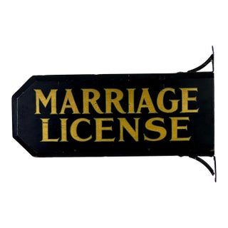 Early 20th Century "Marriage License" Wood Sign in Gold Letters and With Original Brackets For Sale